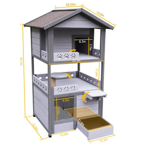 English Elm Three Story Solid Wood Outdoor Cat Villa with Balcony Weatherproof Feral Shelter W1431P284943