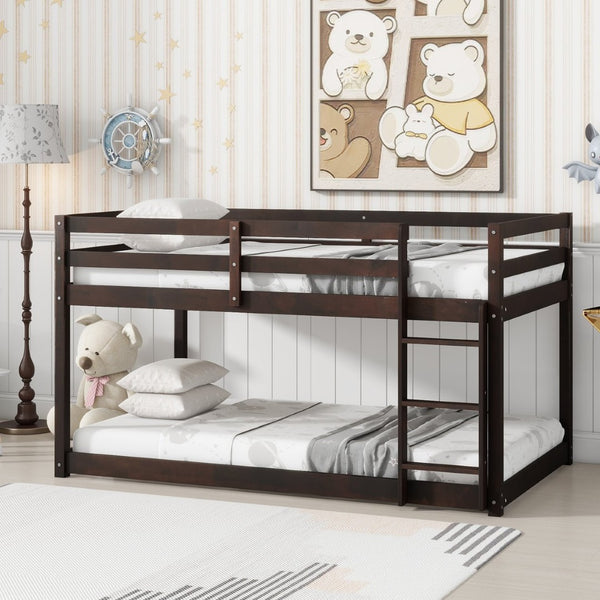 English Elm Solid Twin Over Twin Bunk Bed In Espresso Finish – Sturdy Rubberwood With Ladder & Strengthened Slats W504P191669-GIGA