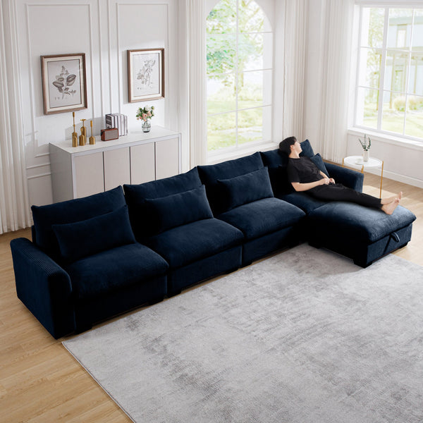 English Elm Large L Shape Sectional Corduroy Sofa with Deep Seats, Storage Ottoman, Ergonomic Support, Modular Comfort for Living Room Blue W714S00653