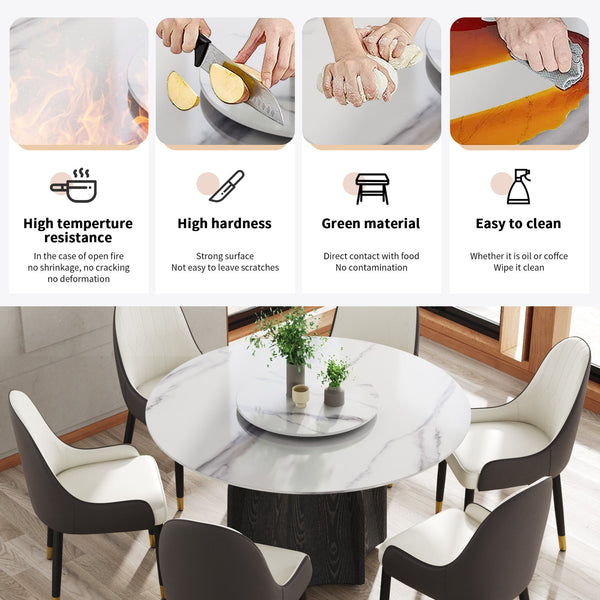 English Elm 53" Round Marble Dining Table With Lazy Susan, Black Oak Base For 6, Modern Elegance For Your Home W1535S00380