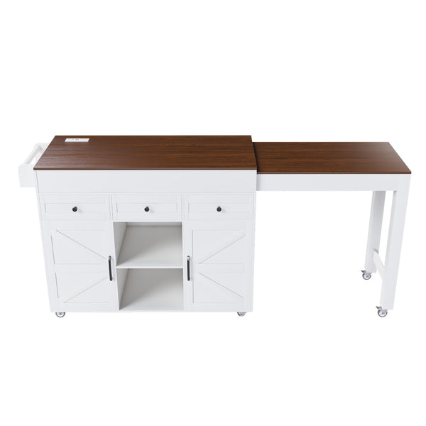 English Elm 74.8" Rolling Kitchen Island Extendable Marble Veneer Top with Power Outlet and Storage W2700S00105