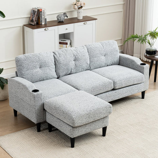 English Elm Convertible Convertible sofa with storage footstools, compact U-shaped 2-seater for small spaces, durable fabric comfort White+Black W2012P253014