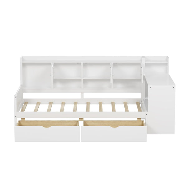 English Elm Wooden L-shape Twin Daybed with Desk Bookshelf and Nine Storage Compartments N733S351668K