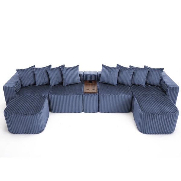 English Elm [new U-shaped Corduroy Sectional with Usb Charging Console and Movable Modules Blue W2108S00177