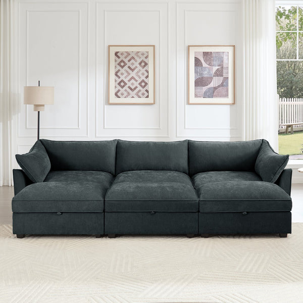 English Elm 3 Seater Sofa With 3 Ottomans - Stylish Chenille Modular Sofa With Storage Drawers For Living Room W3041S00198