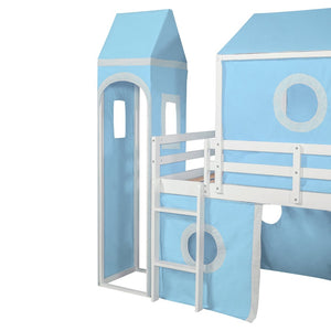 English Elm Twin Castle Loft Bed with Slide Tent and Tower Pinewood Playhouse Frame for Kids N708P249475C