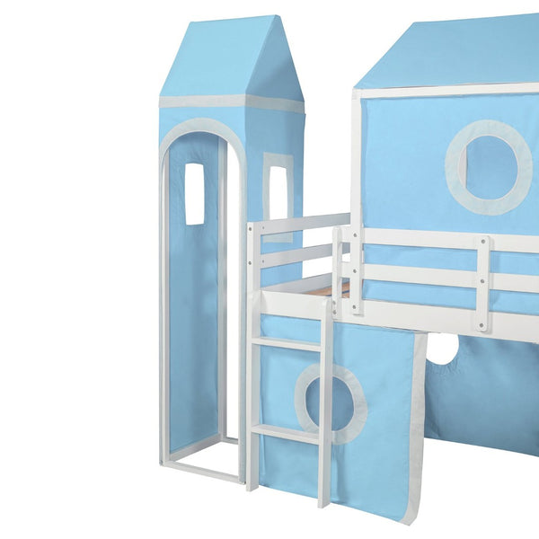English Elm Twin Castle Loft Bed with Slide Tent and Tower Pinewood Playhouse Frame for Kids N708P249475C