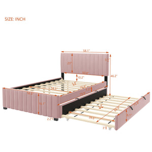 English Elm Full Velvet Upholstered Platform Bed with Twin Trundle, Space-Saving Design, Durable Luxury Finish Pink SF000269AAH