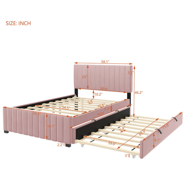 English Elm Full Velvet Upholstered Platform Bed with Twin Trundle, Space-Saving Design, Durable Luxury Finish Pink SF000269AAH