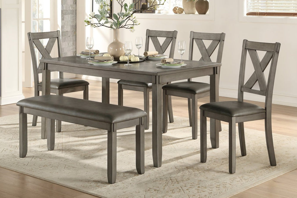 English Elm Transitional 6 Piece Gray Wood Dining Set with X-back Chairs Bench Faux Leather Seats B011P211344