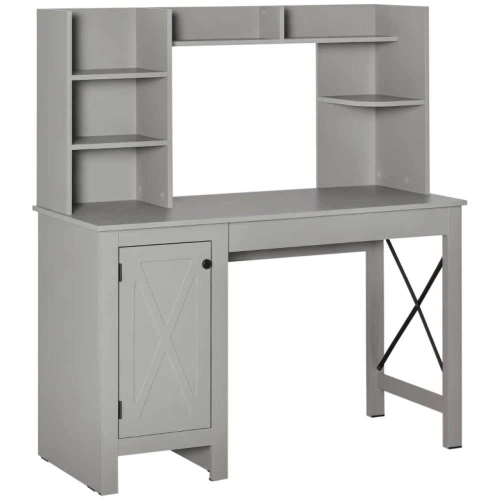 English Elm Home Office Hutch Desk with Barn Door Cabinet and Eight Open Shelves Farmhouse Style T3971P469348