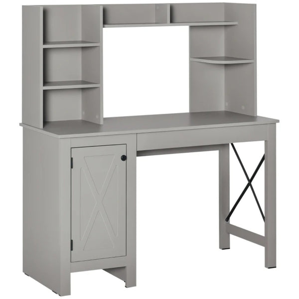 English Elm Home Office Hutch Desk with Barn Door Cabinet and Eight Open Shelves Farmhouse Style T3971P469348