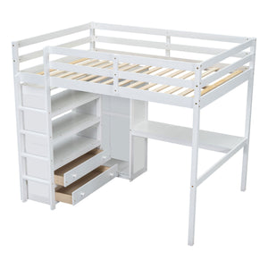 English Elm Wood Full Size Loft Bed with Built-In Desk, Wardrobe, Shelves & Drawers for Space-Saving Rooms White GX000466AAK