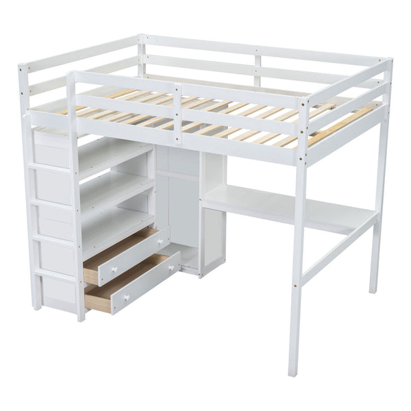 English Elm Wood Full Size Loft Bed with Built-In Desk, Wardrobe, Shelves & Drawers for Space-Saving Rooms White GX000466AAK
