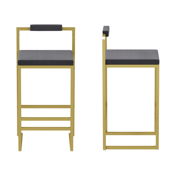 English Elm Set of 2 Velvet Bar Stools with Gold Frame and Footrest — Modern Counter Height Dining Chairs W1757P310420