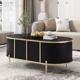 English Elm Modern Luxury Oval Shaped Fluted Coffee Table, Marble-Patterned Top Coffee Table With 2 Cabinets, Metal Legs and Handles For Living Room, Black (Date Of Expected Arrival: 11.20)