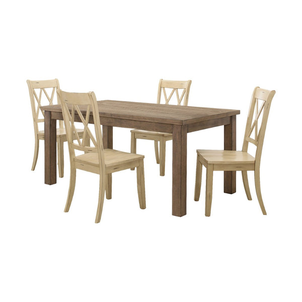 English Elm 5pc Farmhouse Dining Set Pine Table with Four Double X Back Chairs for Kitchen Cream+Brown B011S00997