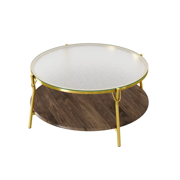 English Elm Modern 47.2" Rectangular Coffee Table with Sleek Black Top, Gold Metal Base and Four Drawers for Stylish Storage and Durable Contemporary Living Room Furniture Gold+Glass,Walnut N735P350390D