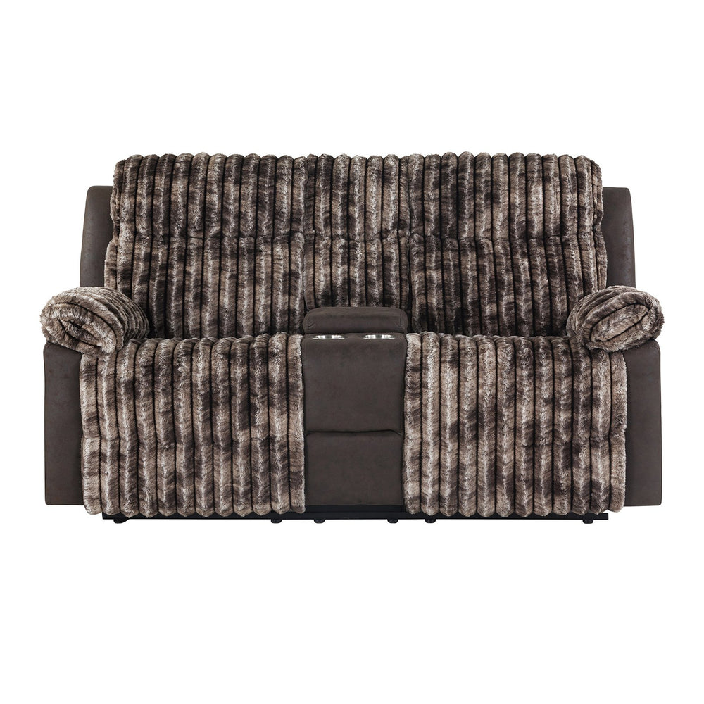 English Elm Bruni Brown Console Reclining Loveseat with 2 Cup Holders, Manual Recline, Plush Polyester Seating B201P299728
