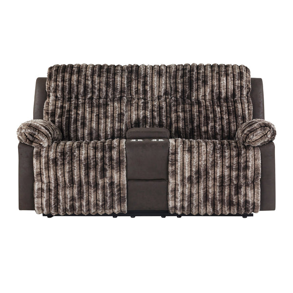 English Elm Bruni Brown Console Reclining Loveseat with 2 Cup Holders, Manual Recline, Plush Polyester Seating B201P299728