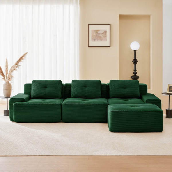 English Elm 117" Modern L-Shaped Modular Sectional Sofa - Stylish Comfort, Deep Seating, Movable Ottoman, Green W714S01486