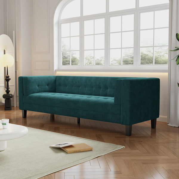 English Elm Christopher Knight Home® - 3-Seater Elegant Tufted Velvet Sofa with Solid Eucalyptus Frame, High-Density Foam Cushions and Dark Wood Legs Frosty Green N765P165496