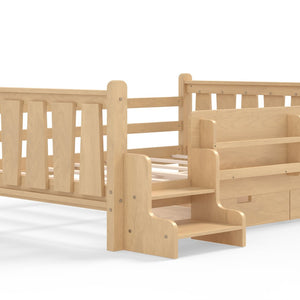 English Elm Twin Kids Platform Bed with Trundle Staircase Bookshelf and Rounded Safety Rails Light Natural W1580S00541