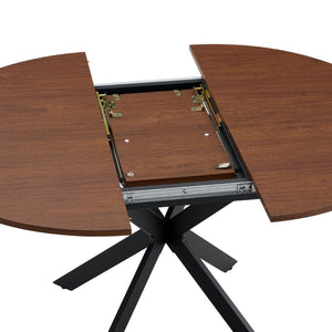 English Elm Extendable Round Dining Table Walnut Grain Top Matte Black Base Seats 4 to 6 W3875S00001