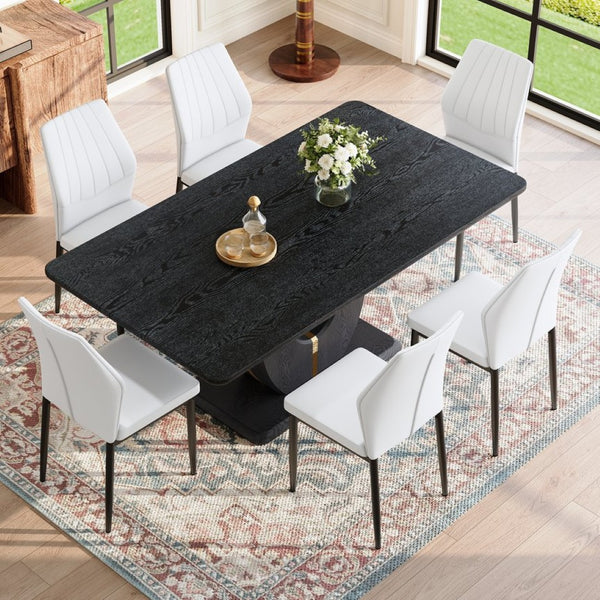 English Elm Black Wood Grain Mdf Dining Set for Six with White Shell Back Pu Leather Chairs W1151S04436