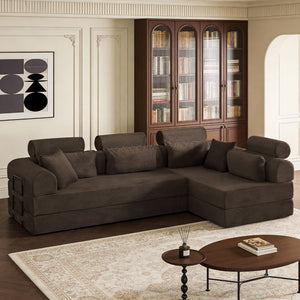 English Elm L Shaped Corduroy Sectional Sofa Converts to Sleeper Bed Space Saving Modular Couch Brown W5532S00007