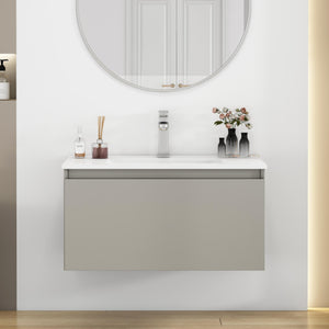 English Elm 32-Inch Wall-Mounted Bathroom Vanity With Soft-Close Drawer, Durable Ceramic Sink, Mocha Gray Finish W3151S00043