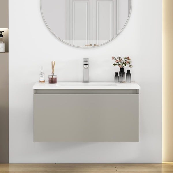 English Elm 32-Inch Wall-Mounted Bathroom Vanity With Soft-Close Drawer, Durable Ceramic Sink, Mocha Gray Finish W3151S00043