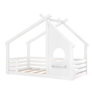 English Elm Twin House Floor Bed with Window & Shelf, Solid Wood Pitched Roof Design for Safe Cozy Sleep White W1580P362678
