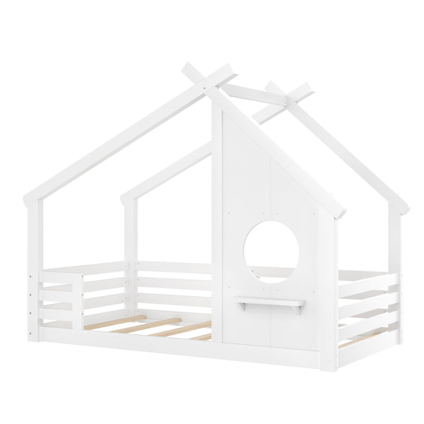 English Elm Twin House Floor Bed with Window & Shelf, Solid Wood Pitched Roof Design for Safe Cozy Sleep White W1580P362678