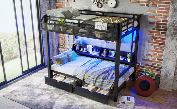 English Elm Twin Over Metal Bunk Bed with Led Lights Usb Ports Drawers and Sofa Conversion W5305S00002