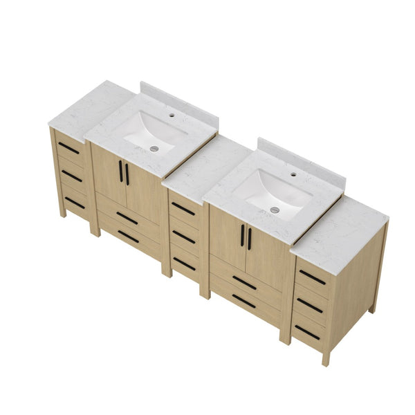 English Elm 108"w×22"d×34"h Freestanding Double Sink Vanity with White Countertop Soft Close T3785S00005