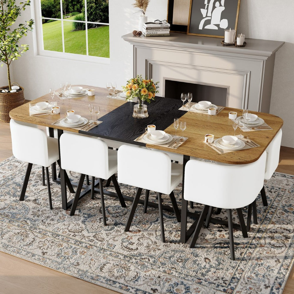 English Elm 9-piece Square Dining Set Two-tone Wood Tabletop with 8 White Pu Leather Chairs Modern W3875S00139