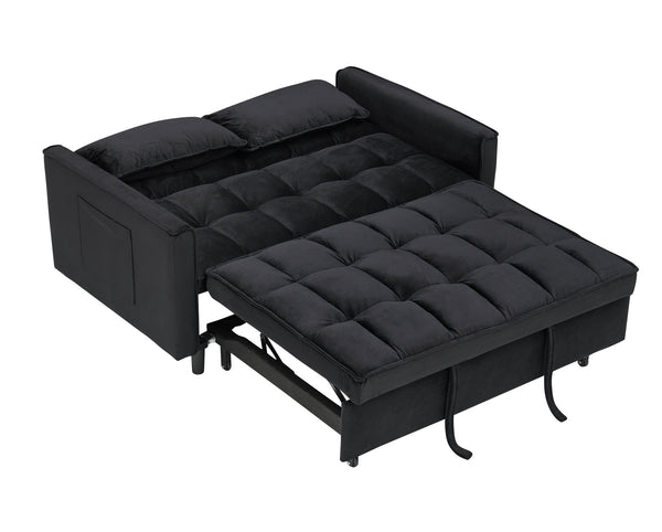 English Elm Modern Velvet Sofa Pull-Out Bed 3-in-1 Convertible Love Seat with Pillows, Spacious 500lb Support Black W3371P315001