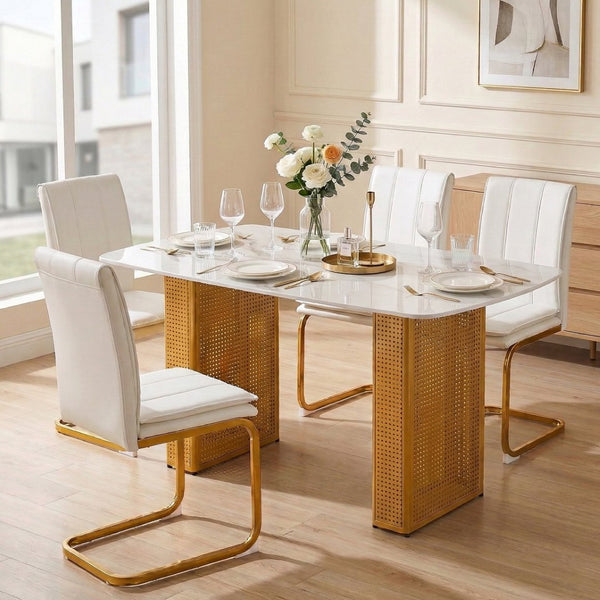 English Elm Modern Marble Glass Dining Table Gold Dual Pedestal Base Seats Eight Elegant W5123P397494