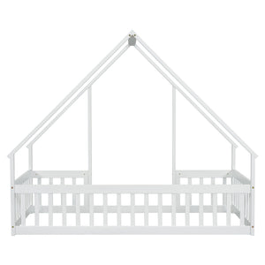 English Elm Twin Wood House-Shaped Floor Bed with Fence and Guardrails – Playful Pine Frame for Imaginative Kids Retreat White W504P143290