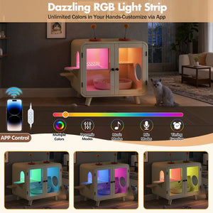 English Elm Cat Litter Box Enclosure Mdf Cabinet with Rgb Lighting Glass Doors and Play Loft Beige N704P419240A