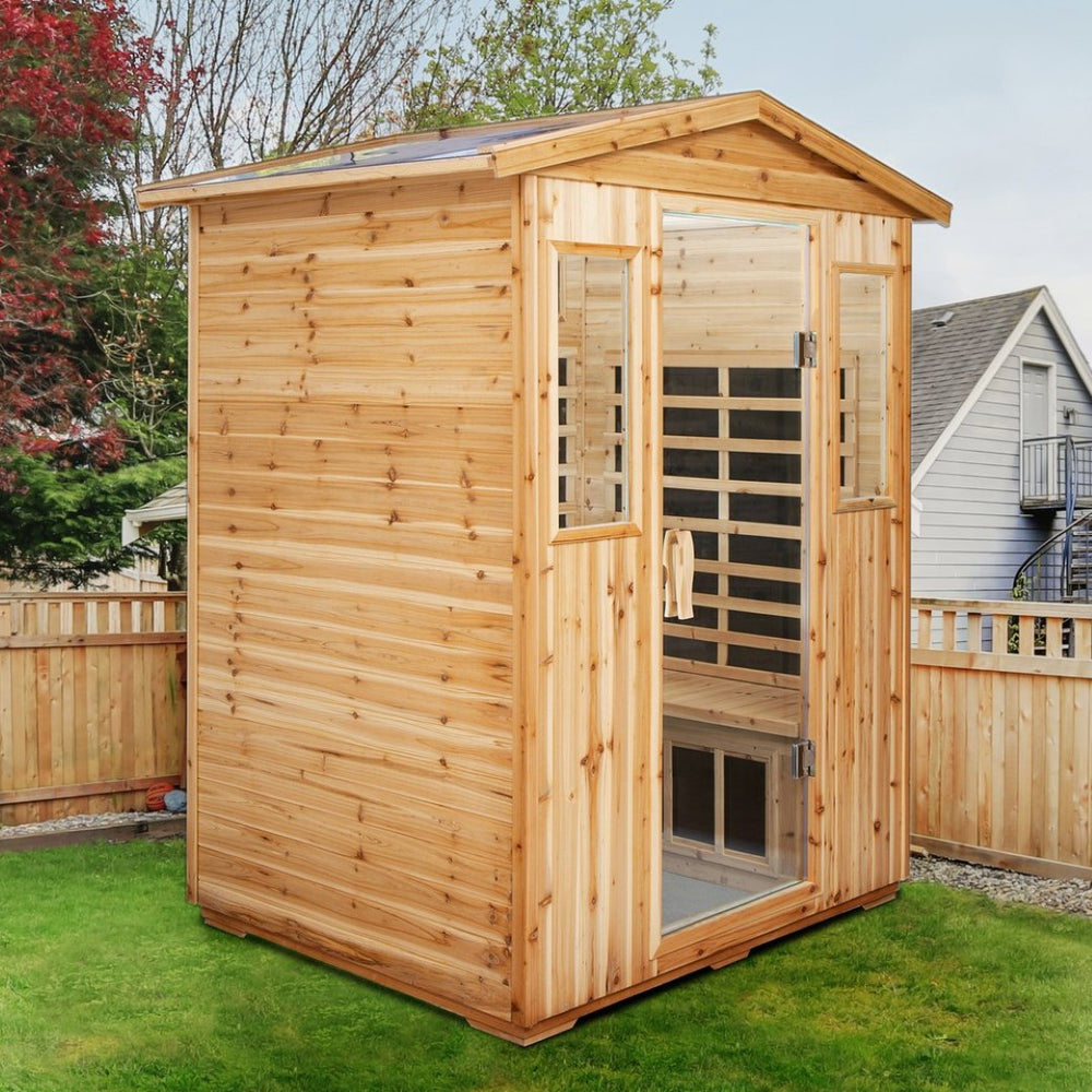 English Elm Four Person Old Fir Outdoor Infrared Sauna with Glass Door and Bluetooth Audio W632S00026