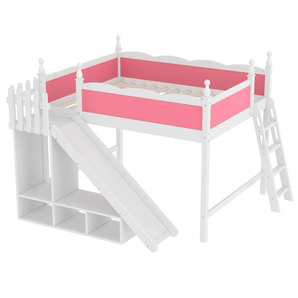 English Elm Queen Solid Pine Loft Bed with Wardrobe Shelves Detachable Slide and Dual Sleeping Zones Pink,White W5305S00026