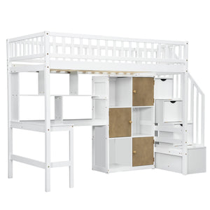 English Elm Wood Twin Loft Bed with Built-In L-Desk, LED Lighting, Staircase Storage, Shelves & Cabinets White N7090000470K