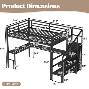 English Elm Twin Xl Metal Loft Bed with Stair Storage Shelves Sturdy Steel Frame for Dorms W1580S00063