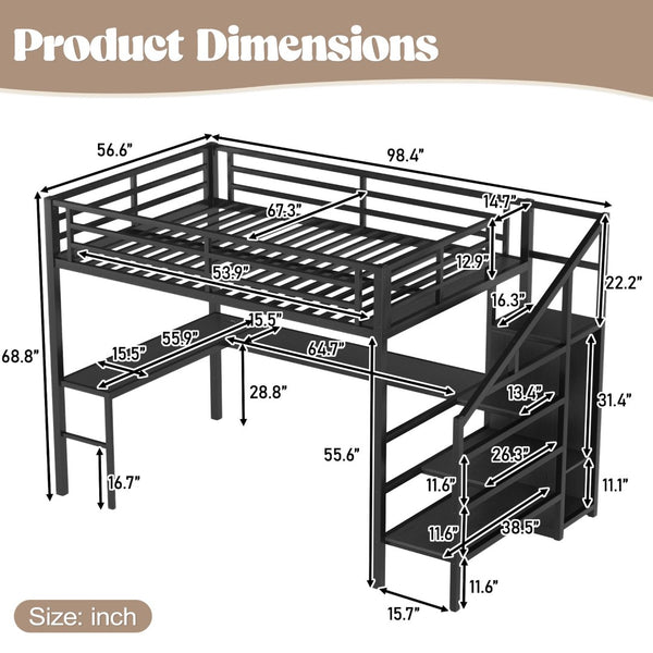 English Elm Twin Xl Metal Loft Bed with Stair Storage Shelves Sturdy Steel Frame for Dorms W1580S00063