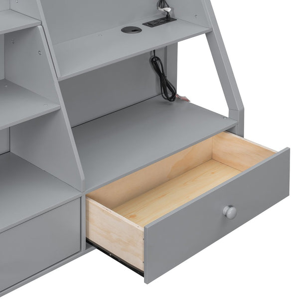 English Elm Full Bunk Bed with App Led Lighting Usb Charging Storage Drawers Kids Bedroom Gray N820S00080E