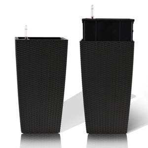 English Elm Pack of 2 Tall Square Faux Rattan Outdoor Planters with Auto Watering Patio Porch Set Black W3213P311468
