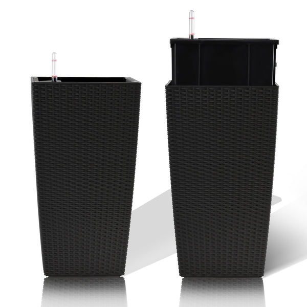 English Elm Pack of 2 Tall Square Faux Rattan Outdoor Planters with Auto Watering Patio Porch Set Black W3213P311468