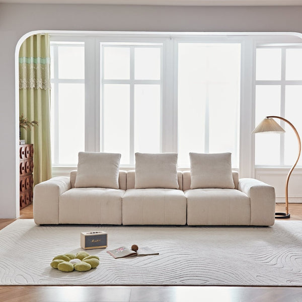 English Elm Luxury Piano Key Chenille Velvet Sofa Solid Wood Frame Three Seat Modern Living Room Beige W1765S00133